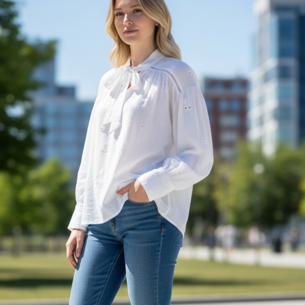 Free People White Blouse with Bow Tie